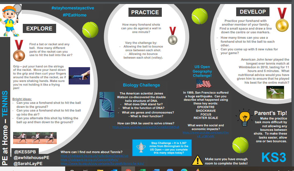 Tennis activities for home and school for pupils EYFS to KS4